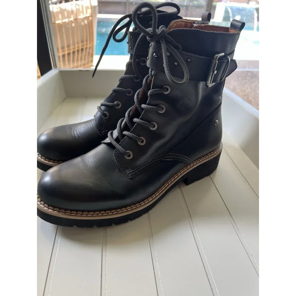 Pikolinos Black Leather Combat Boots Womens US 6 EU 37 Lace Up Side Zip - Picture 2 of 14